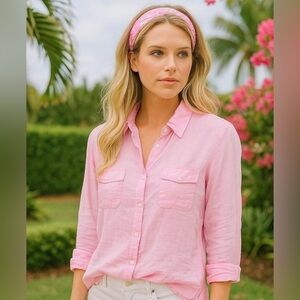 Lilly Pulitzer Linen Button Down Shirt Pink Long Sleeve Two Pocket Women's  L